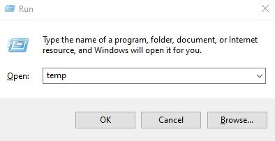 Run Box with temp written in the dialogue box - Image