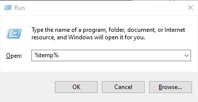 Run Box with %temp% written in the dialogue box - Image