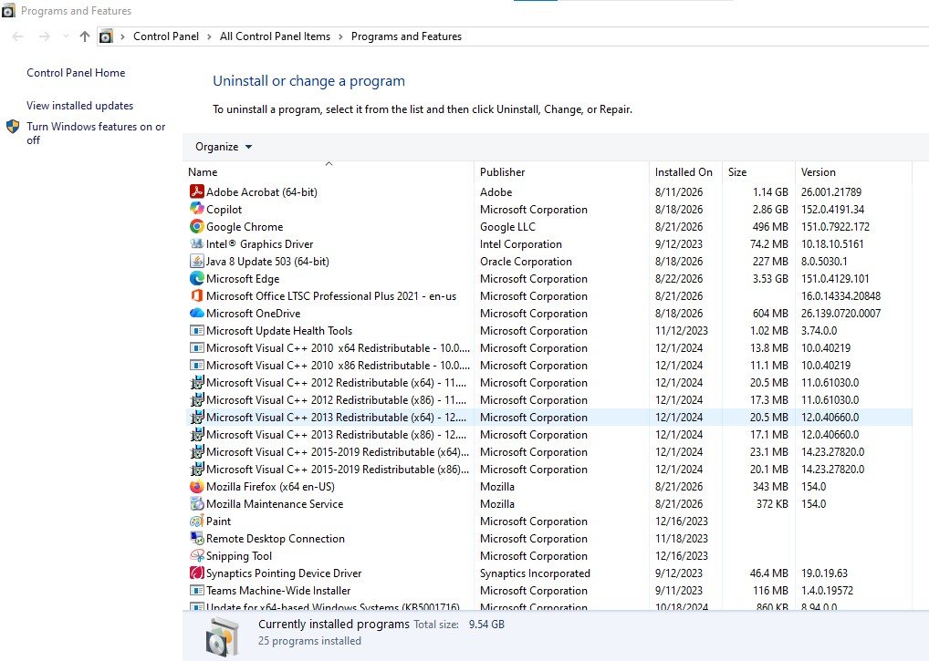 Programs and Features window image