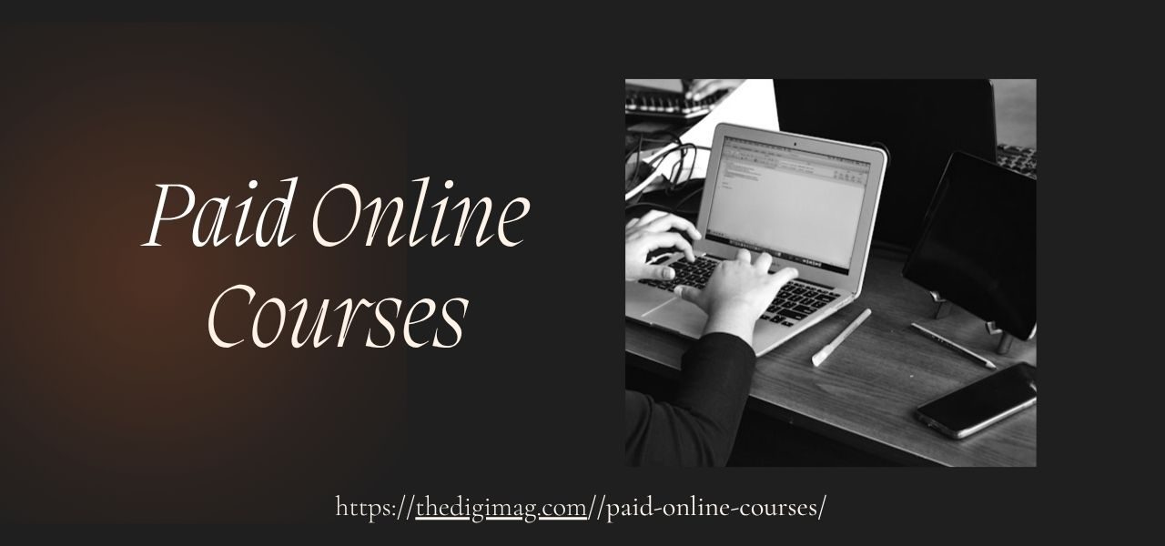 Hands typing on a laptop with the words “Paid Online Courses” — representing premium learning for digital entrepreneurs.