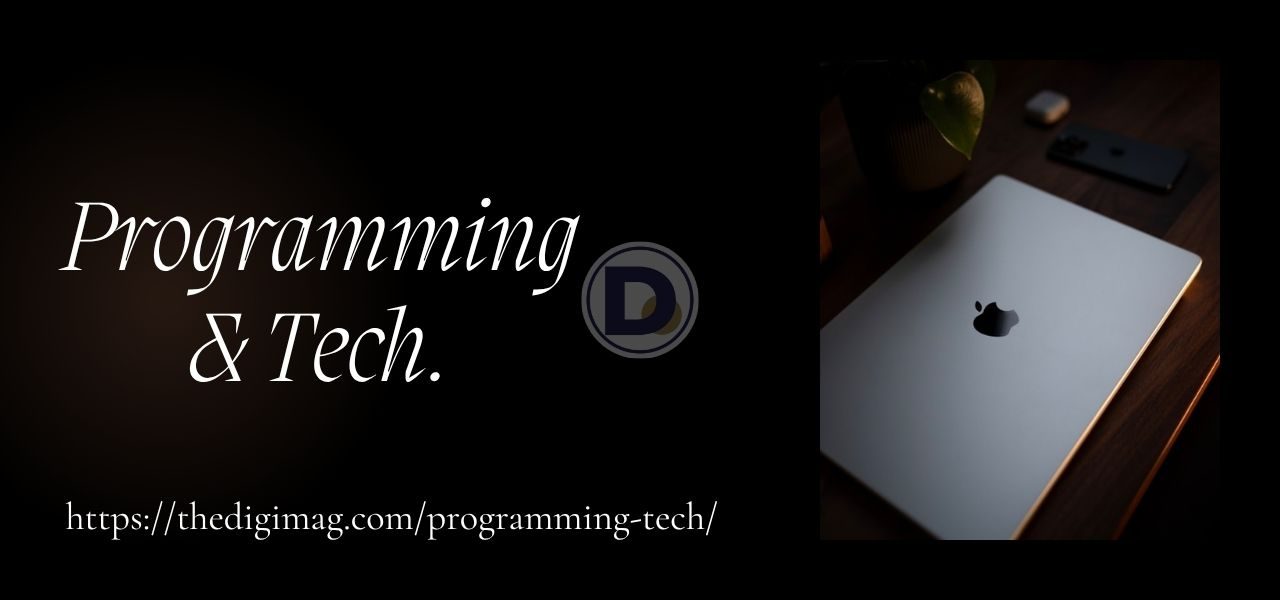 Apple laptop on a wooden table with the inscription “Programming & Tech.”