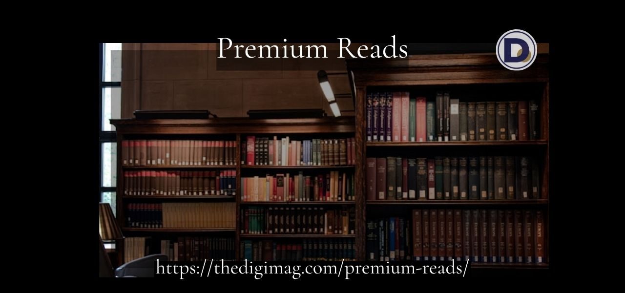 Library shelves filled with books with the inscription “Premium Reads” on the banner