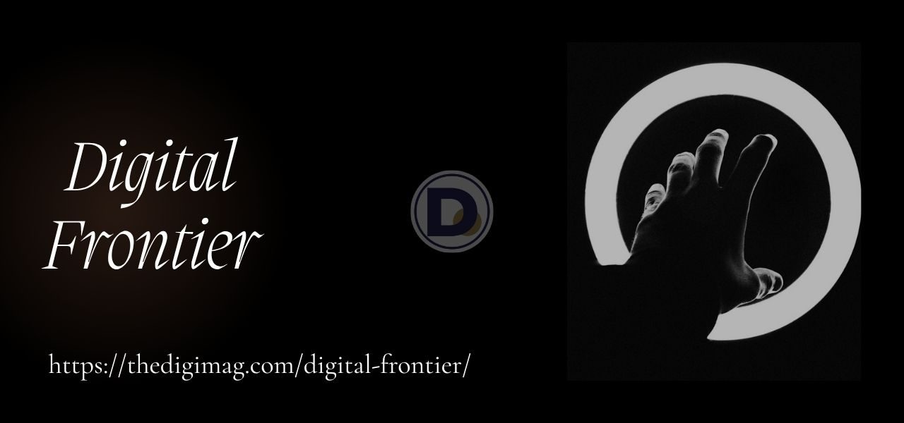 Hand reaching through a glowing digital circle symbolizing the digital frontier and innovation