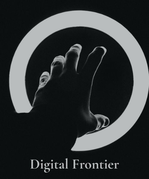 A glowing circular portal with a hand reaching through it, symbolizing human exploration into the digital frontier and emerging technologies.